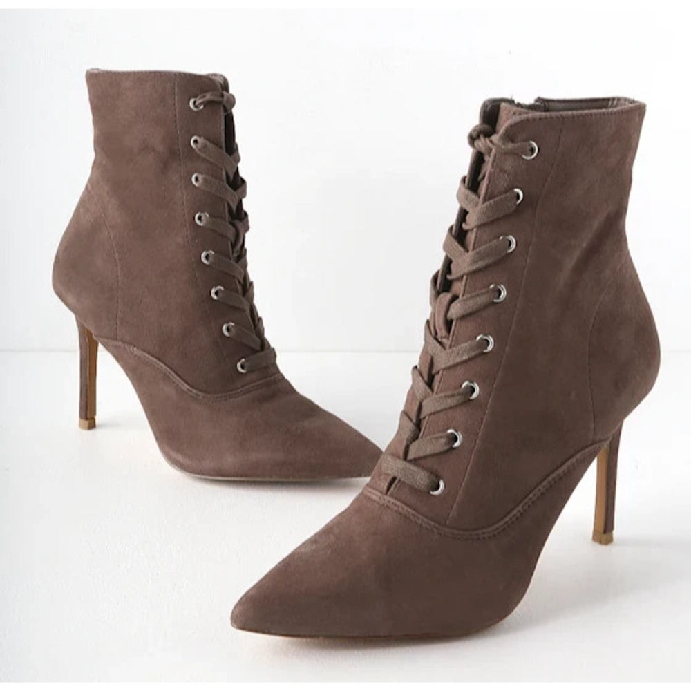 Steve Madden Jinx Lace Up Suede Granny Boots Size 10 New Gray High Heel Taupe